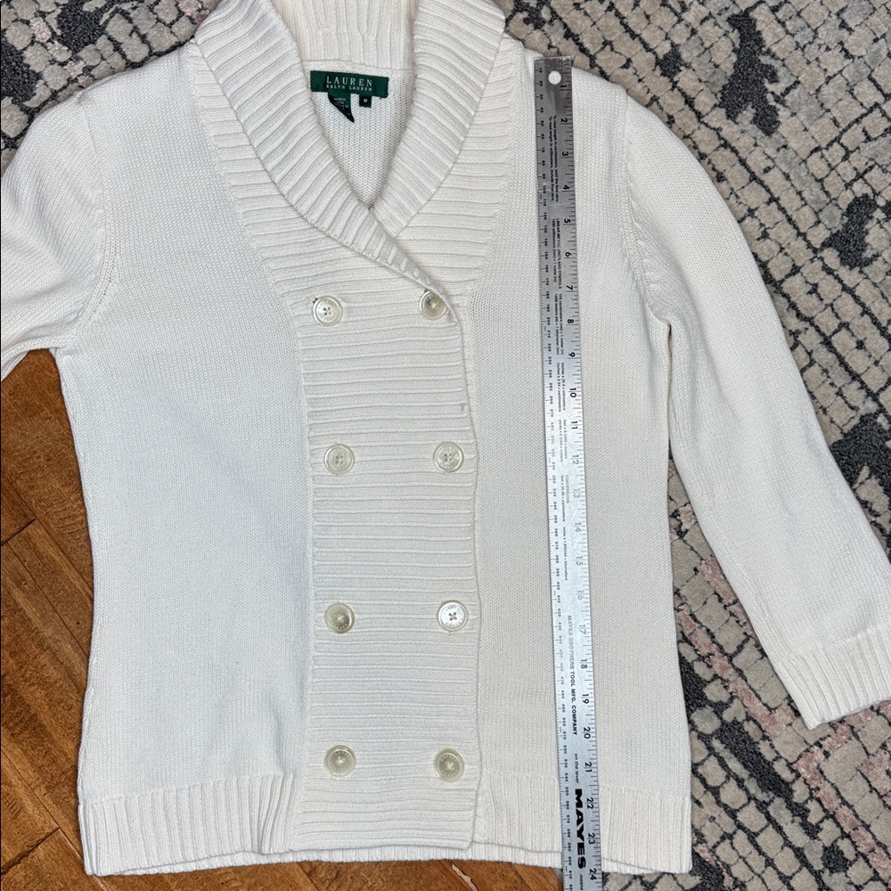 Lauren Ralph Lauren Ivory Cream Double-Breasted Cardigan Sweater 100% Cotton - M - Picture 13 of 16